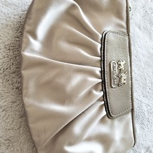 Coach Siver satin wristlet with Patent Leather trim